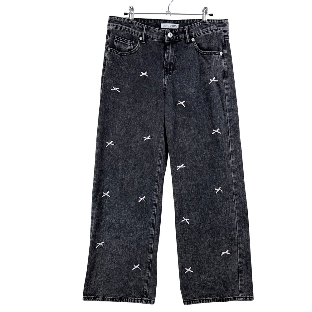 Love Soho Women Black Acid Wash Wide Leg Bow Embroidered Jeans Size 7 90375-5